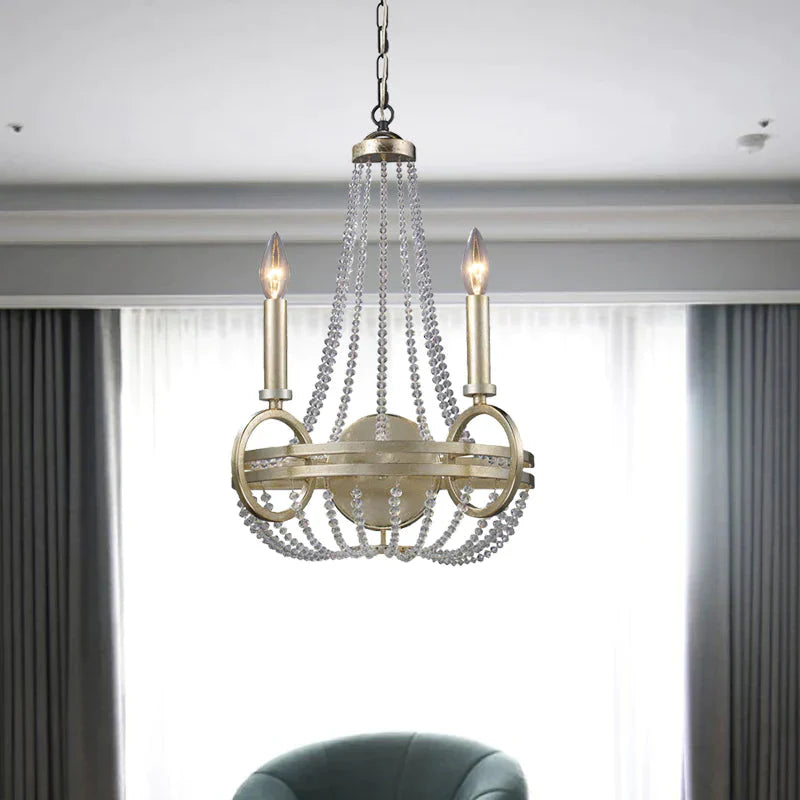 Silver Basket Pendant Chandelier Rustic Crystal Strand 2 Bulbs Living Room Ceiling Hang Fixture