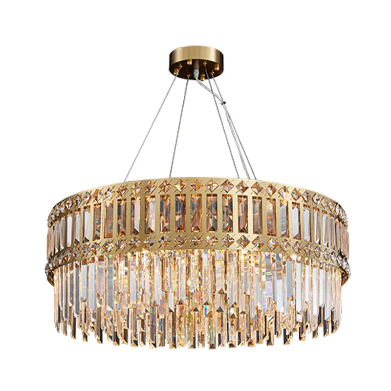 Gold Drum Hanging Chandelier Modern Strip Crystal 10 Lights Living Room Pendant Lamp