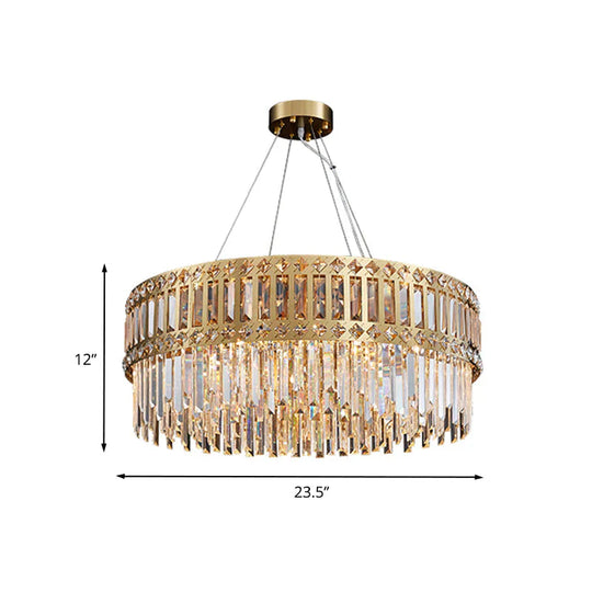 Gold Drum Hanging Chandelier Modern Strip Crystal 10 Lights Living Room Pendant Lamp