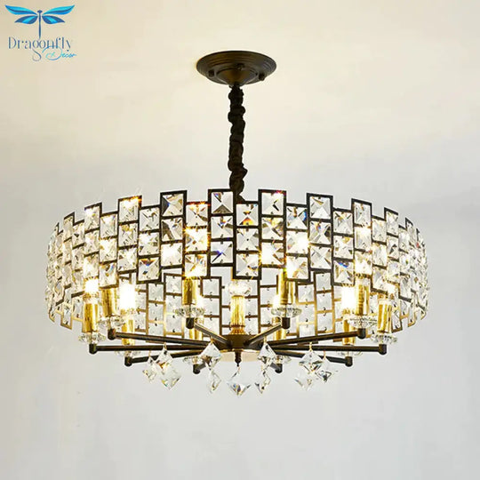 8/12 Heads Hanging Lamp Traditional Circular Crystal Embedded Chandelier Pendant Light In Black