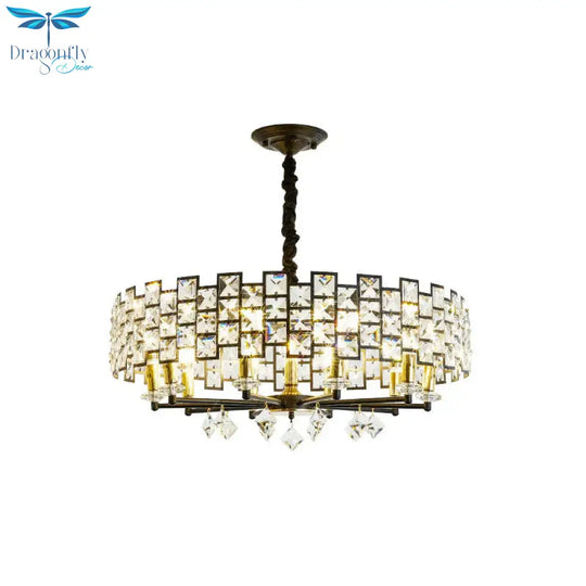 8/12 Heads Hanging Lamp Traditional Circular Crystal Embedded Chandelier Pendant Light In Black
