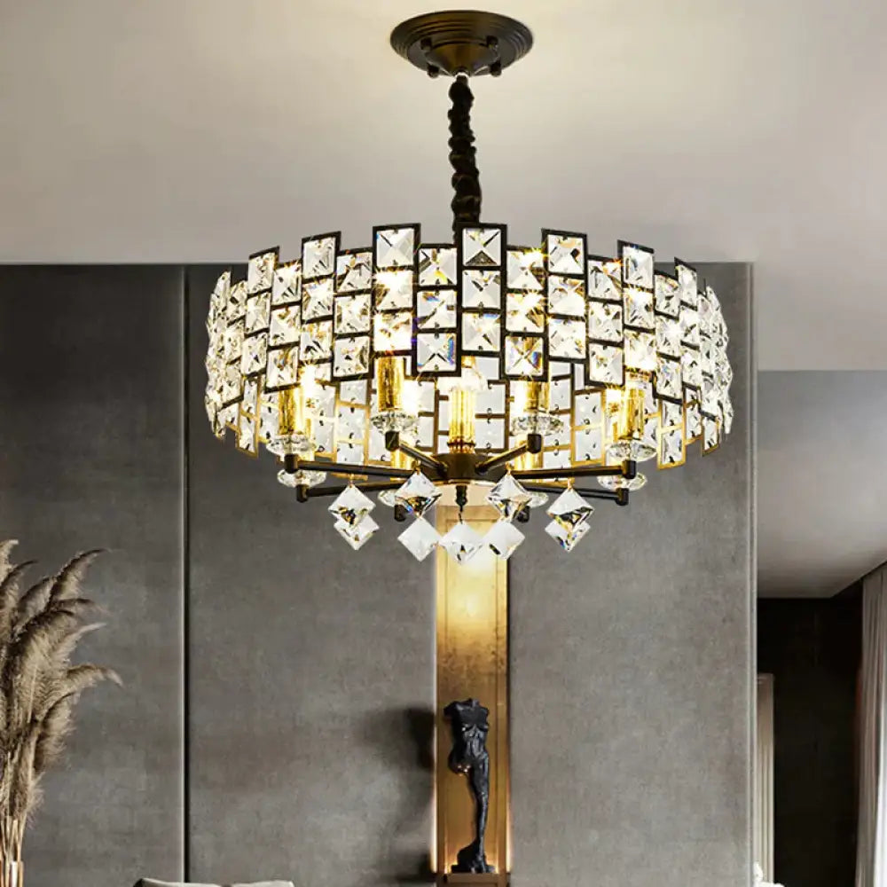 8/12 Heads Hanging Lamp Traditional Circular Crystal Embedded Chandelier Pendant Light In Black 8 /