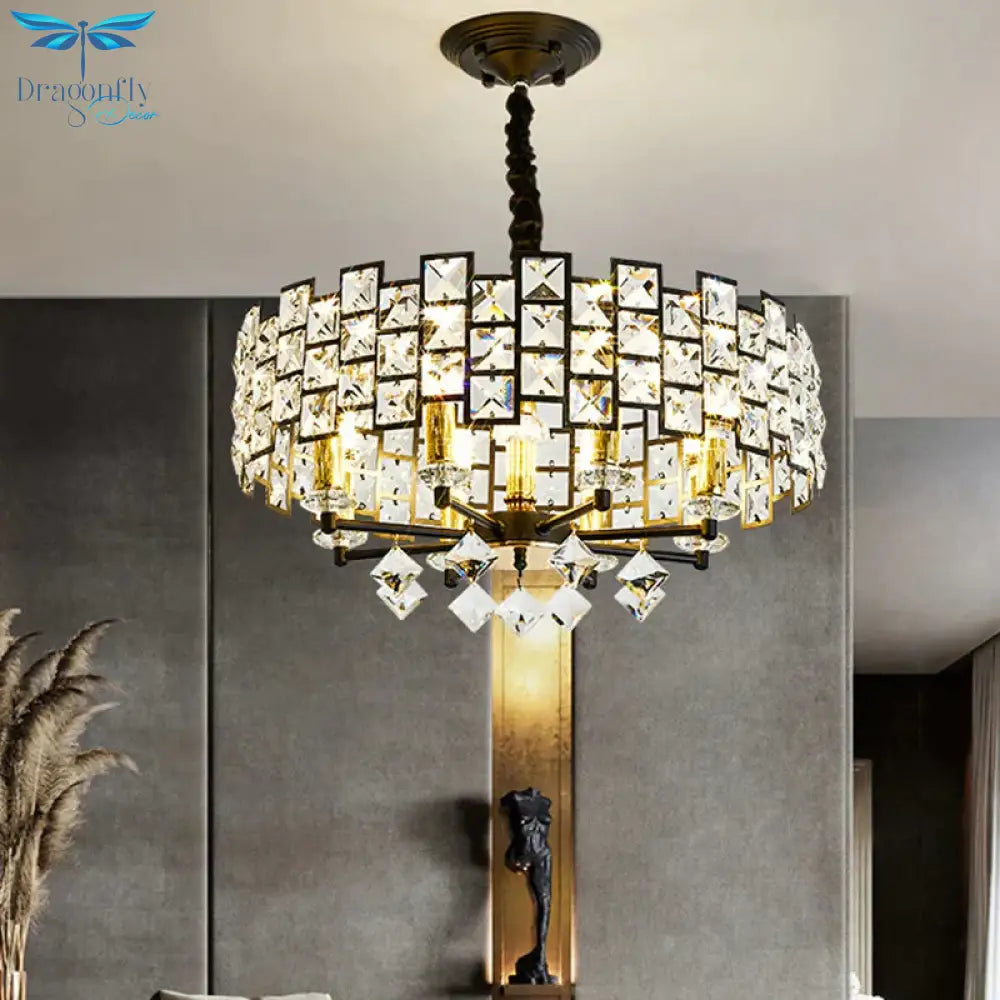 8/12 Heads Hanging Lamp Traditional Circular Crystal Embedded Chandelier Pendant Light In Black