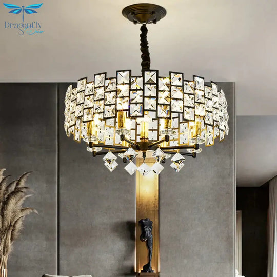 8/12 Heads Hanging Lamp Traditional Circular Crystal Embedded Chandelier Pendant Light In Black
