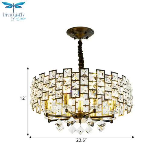 8/12 Heads Hanging Lamp Traditional Circular Crystal Embedded Chandelier Pendant Light In Black