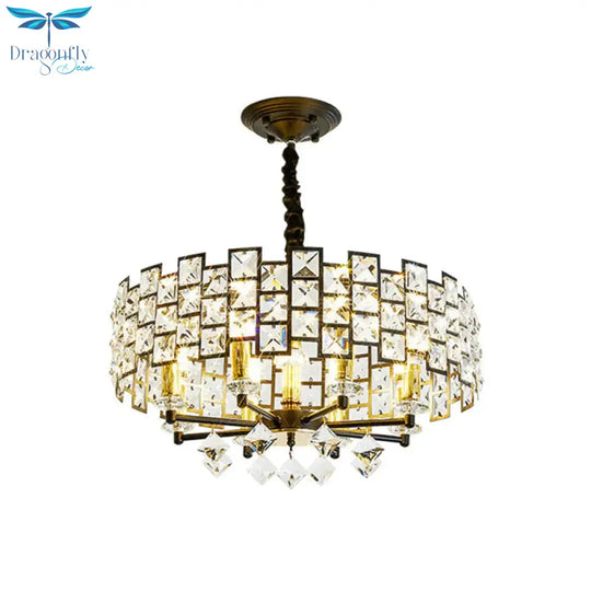 8/12 Heads Hanging Lamp Traditional Circular Crystal Embedded Chandelier Pendant Light In Black