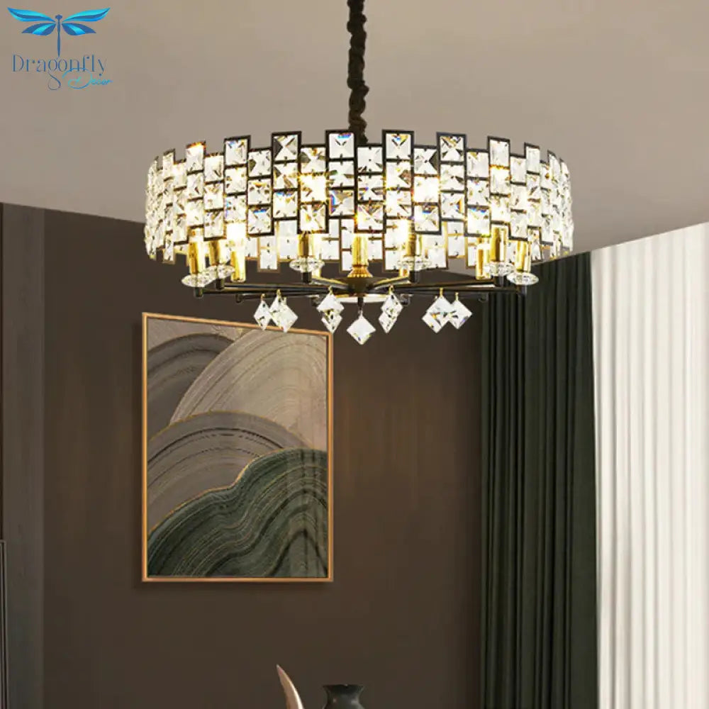 8/12 Heads Hanging Lamp Traditional Circular Crystal Embedded Chandelier Pendant Light In Black