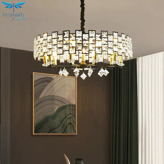 8/12 Heads Hanging Lamp Traditional Circular Crystal Embedded Chandelier Pendant Light In Black