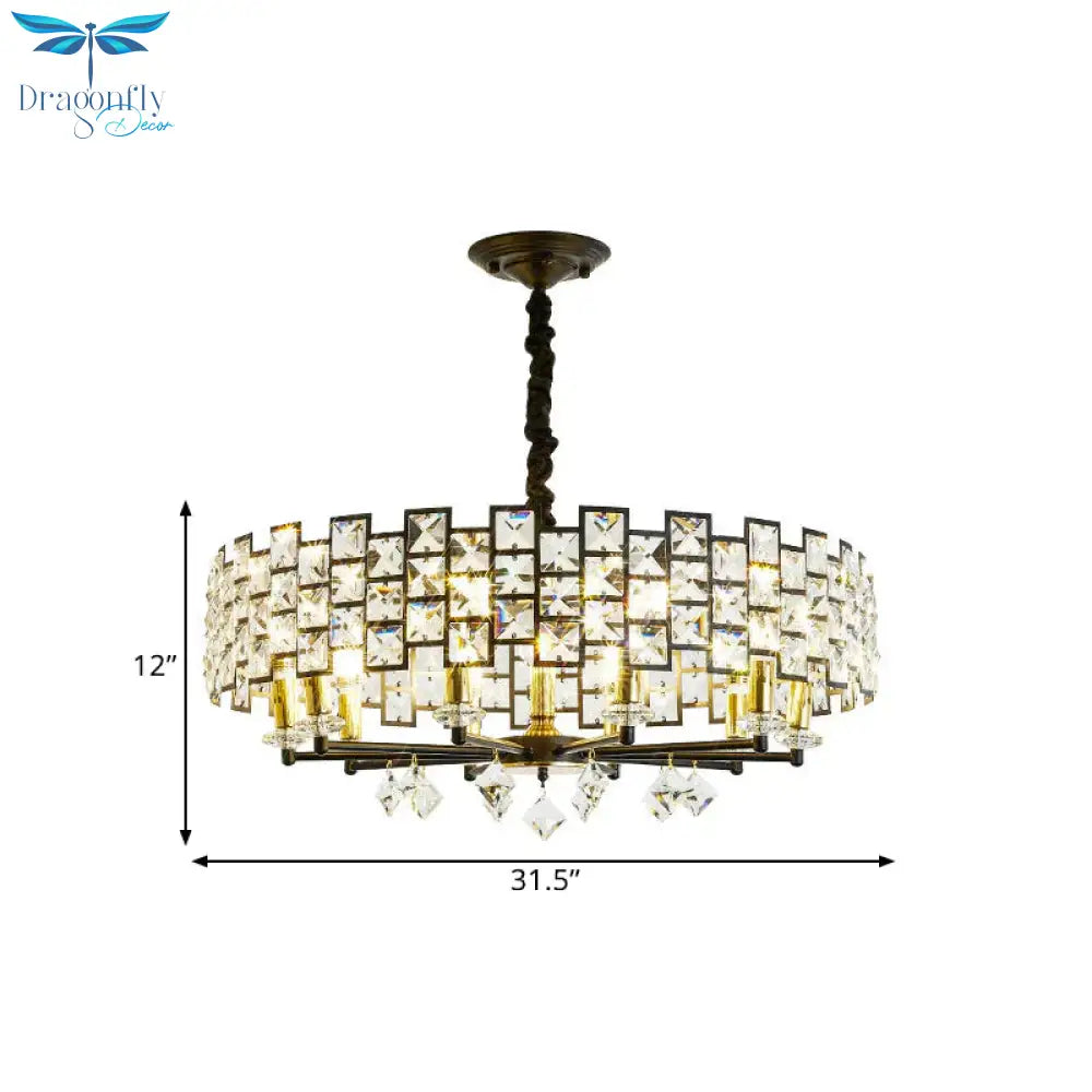 8/12 Heads Hanging Lamp Traditional Circular Crystal Embedded Chandelier Pendant Light In Black