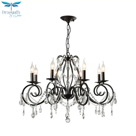 8 - Bulb Scrolled Arm Chandelier Black Metal Ceiling Pendant Light With Crystal Draping