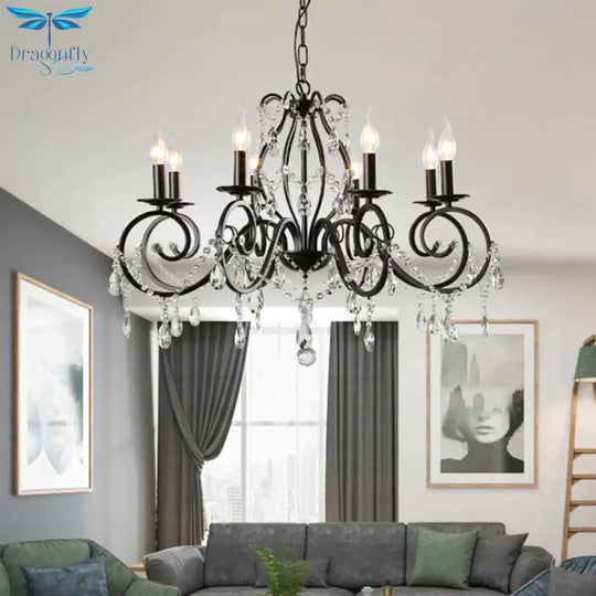 8 - Bulb Scrolled Arm Chandelier Black Metal Ceiling Pendant Light With Crystal Draping