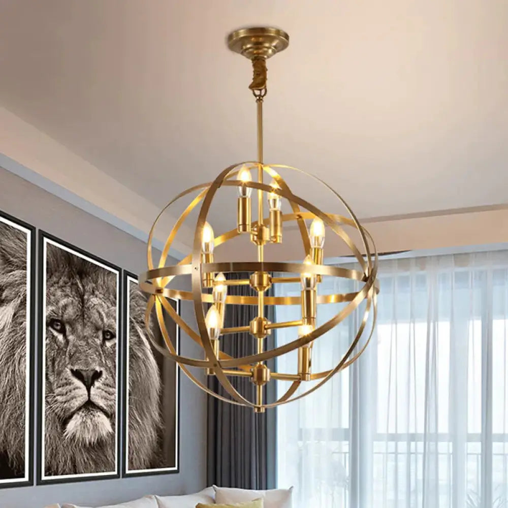 8 Bulbs Chandelier Lamp Traditional Candelabra Metallic Hanging Ceiling Light In Gold With Globe