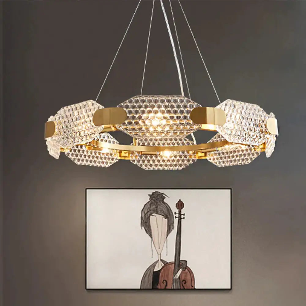 8 - Head Octagon Chandelier Light Colonialist Gold Clear Textured Glass Ceiling Lamp With Circular
