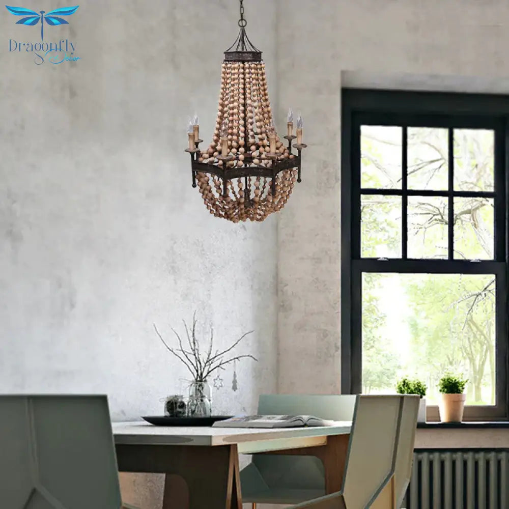 8 Heads Candle Ceiling Chandelier Traditional Wood Suspended Lighting Fixture In Beige