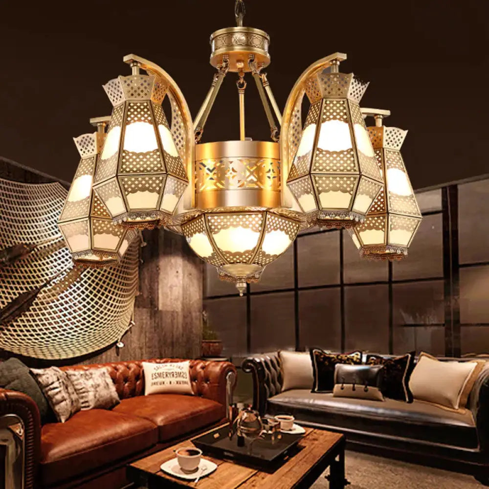 8 Heads Diamond Pendant Chandelier Arab Style Brass Opal Glass Hanging Light Fixture With Curved Arm