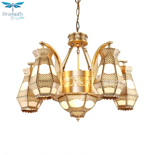 8 Heads Diamond Pendant Chandelier Arab Style Brass Opal Glass Hanging Light Fixture With Curved Arm