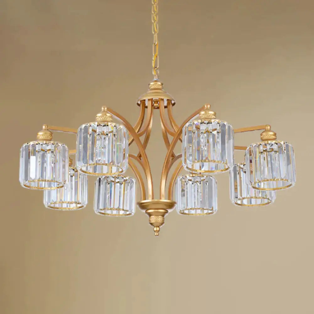 8 Heads K9 Crystal Hanging Lamp Traditionalism Gold Cylindrical Living Room Chandelier Light