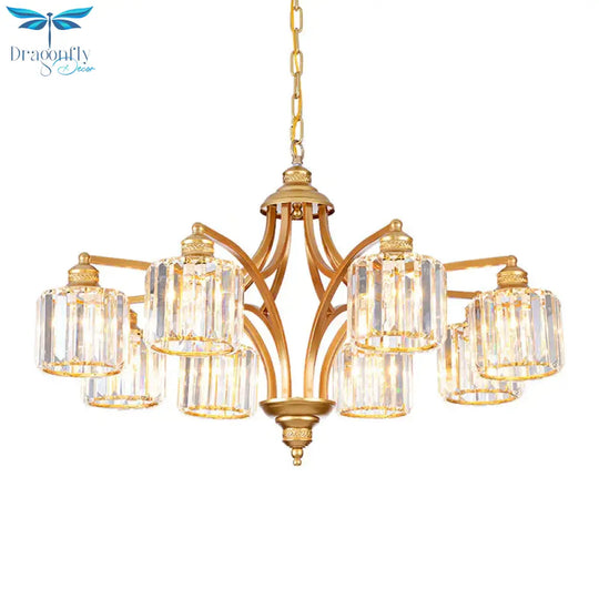 8 Heads K9 Crystal Hanging Lamp Traditionalism Gold Cylindrical Living Room Chandelier Light