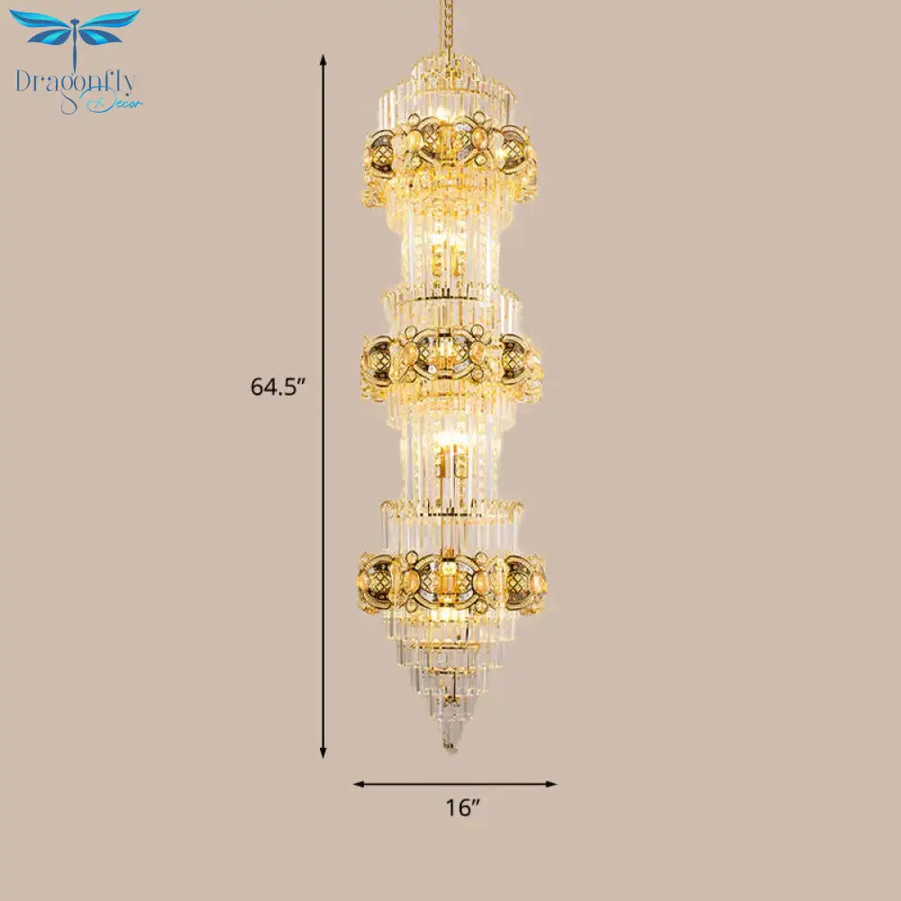 8 - Light Fluted Clear Glass Rods Chandelier Retro Layered Guest Room Suspension Pendant Light