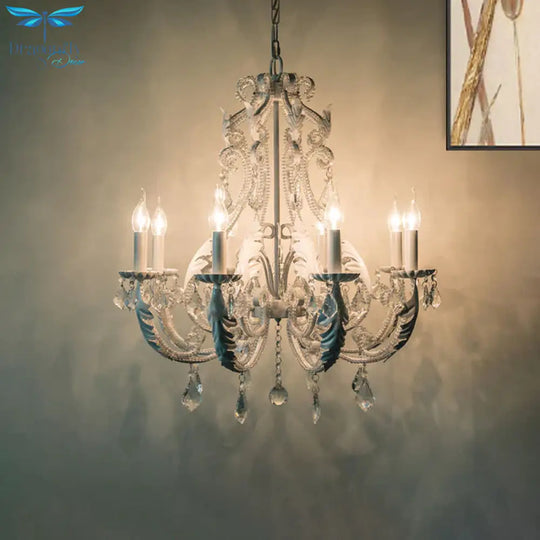 8 Lights Clear Crystal Chandelier Lighting Fixture Rustic Candle Bedroom Suspension Lamp White