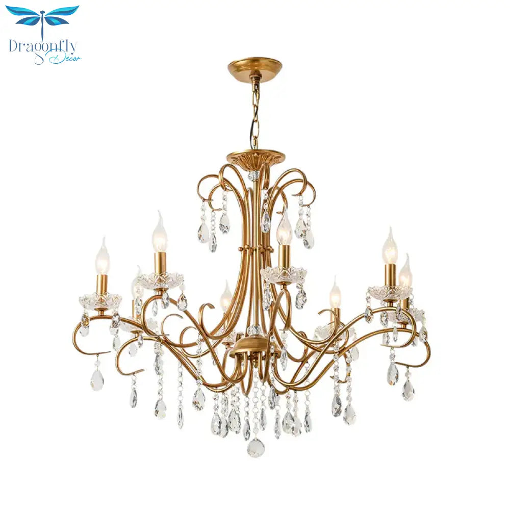 8 Lights Crystal Chandelier Light Countryside Gold Candlestick Living Room Hanging Lamp