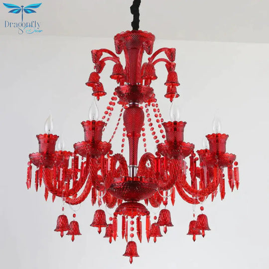 8 Lights Crystal Hanging Lamp Traditional Red/Blue/Purple Candelabra Living Room Chandelier Light