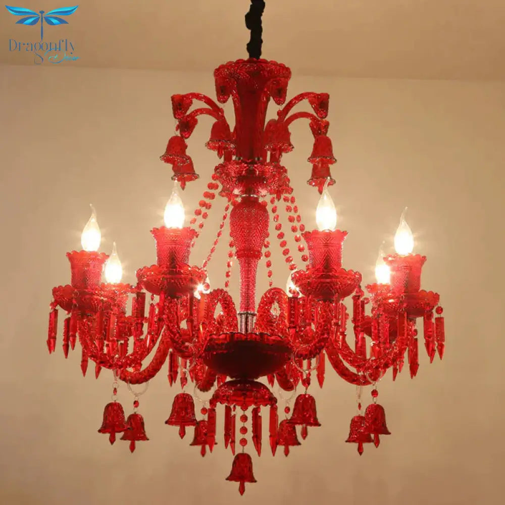 8 Lights Crystal Hanging Lamp Traditional Red/Blue/Purple Candelabra Living Room Chandelier Light