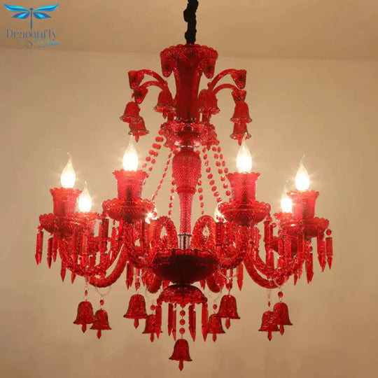 8 Lights Crystal Hanging Lamp Traditional Red/Blue/Purple Candelabra Living Room Chandelier Light