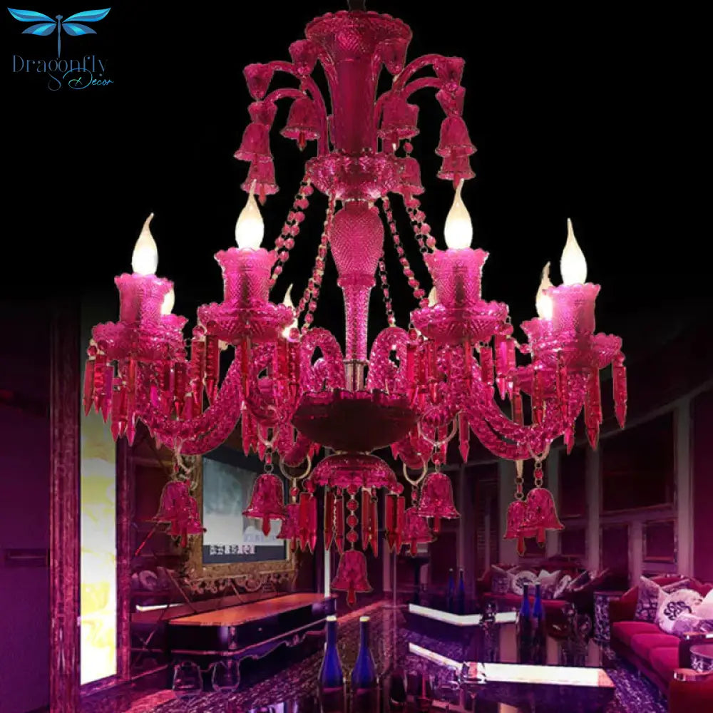8 Lights Crystal Hanging Lamp Traditional Red/Blue/Purple Candelabra Living Room Chandelier Light