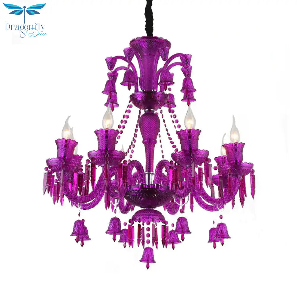 8 Lights Crystal Hanging Lamp Traditional Red/Blue/Purple Candelabra Living Room Chandelier Light
