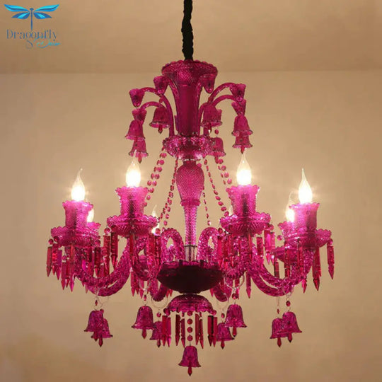 8 Lights Crystal Hanging Lamp Traditional Red/Blue/Purple Candelabra Living Room Chandelier Light