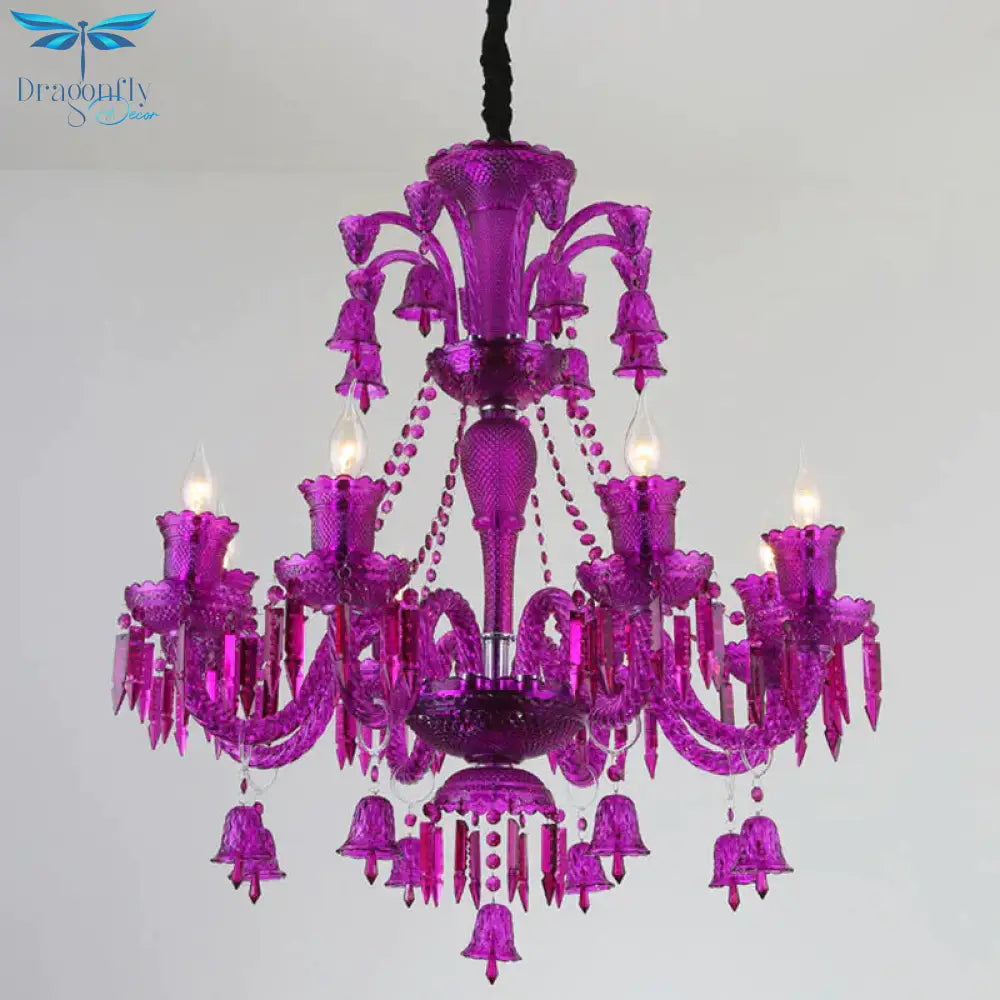 8 Lights Crystal Hanging Lamp Traditional Red/Blue/Purple Candelabra Living Room Chandelier Light