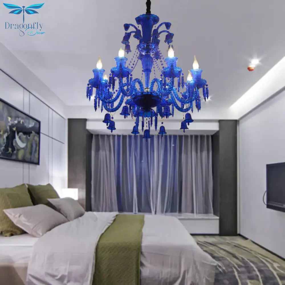 8 Lights Crystal Hanging Lamp Traditional Red/Blue/Purple Candelabra Living Room Chandelier Light