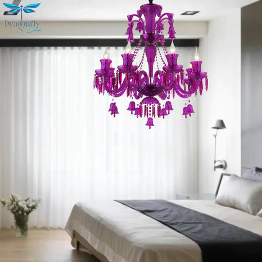 8 Lights Crystal Hanging Lamp Traditional Red/Blue/Purple Candelabra Living Room Chandelier Light