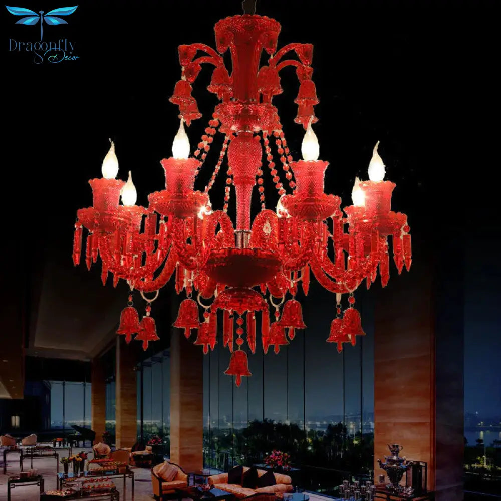 8 Lights Crystal Hanging Lamp Traditional Red/Blue/Purple Candelabra Living Room Chandelier Light