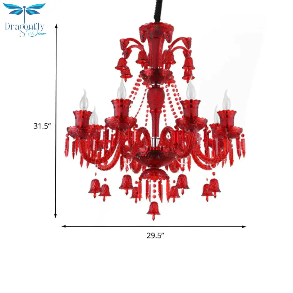 8 Lights Crystal Hanging Lamp Traditional Red/Blue/Purple Candelabra Living Room Chandelier Light