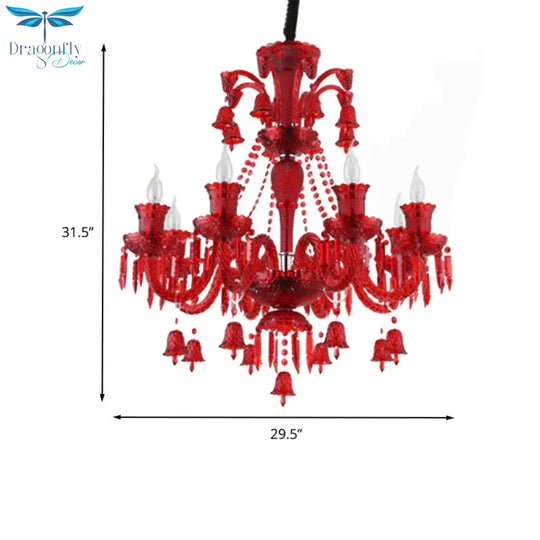 8 Lights Crystal Hanging Lamp Traditional Red/Blue/Purple Candelabra Living Room Chandelier Light