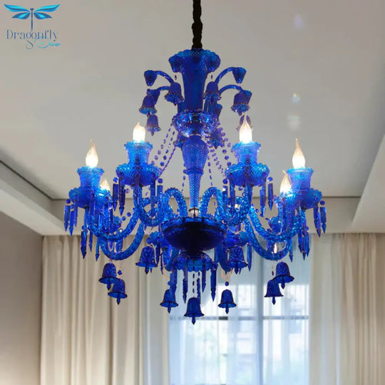 8 Lights Crystal Hanging Lamp Traditional Red/Blue/Purple Candelabra Living Room Chandelier Light