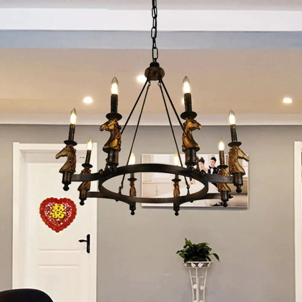 8 Lights Living Room Hanging Lighting Country Style Black Chandelier With Candle Metal