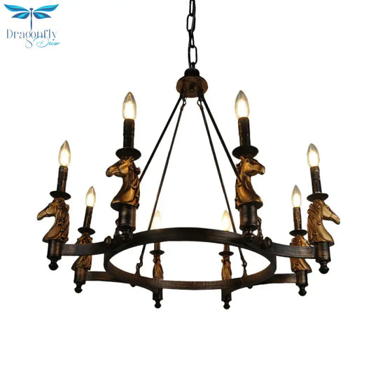 8 Lights Living Room Hanging Lighting Country Style Black Chandelier With Candle Metal