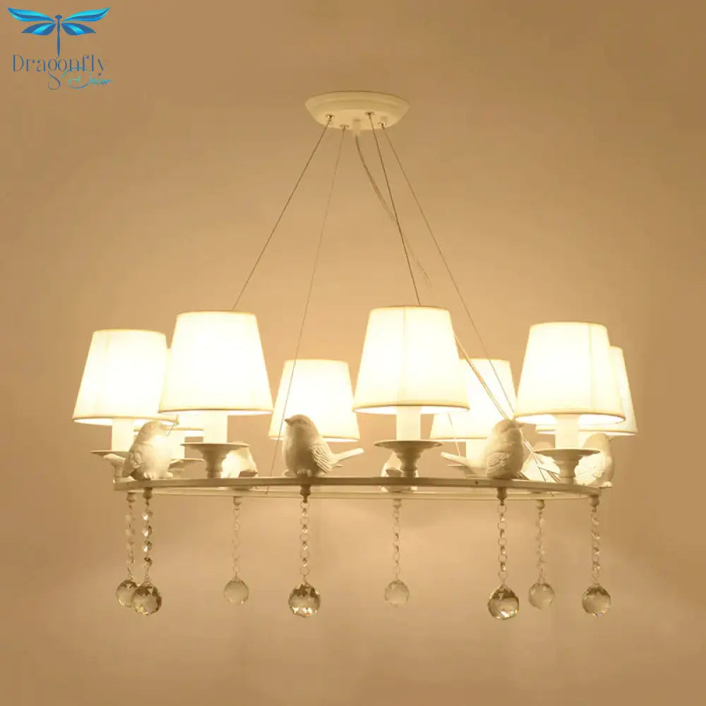 8 Lights Pendant Light Classic Cone Fabric Hanging Chandelier In White For Bedroom With Crystal