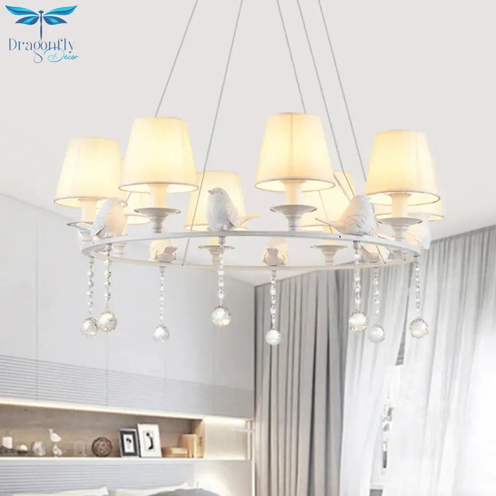 8 Lights Pendant Light Classic Cone Fabric Hanging Chandelier In White For Bedroom With Crystal