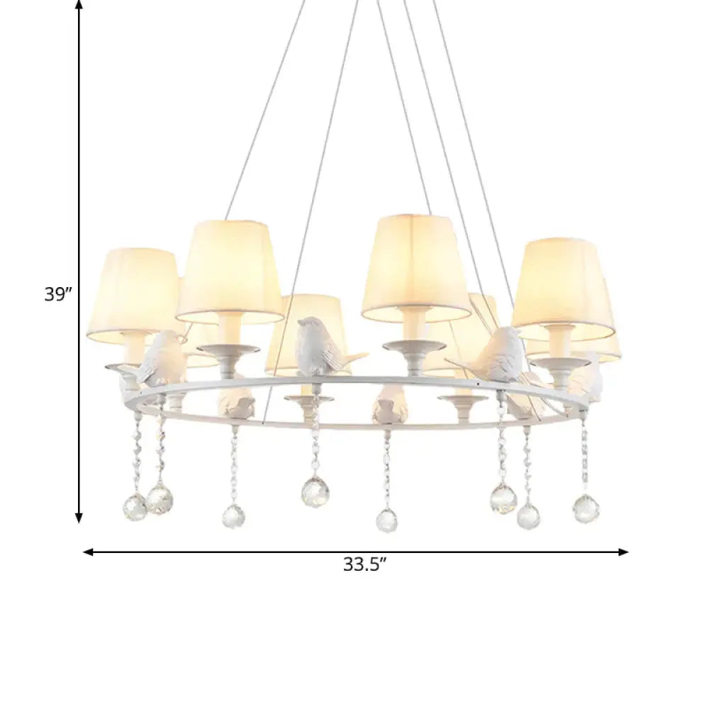 8 Lights Pendant Light Classic Cone Fabric Hanging Chandelier In White For Bedroom With Crystal