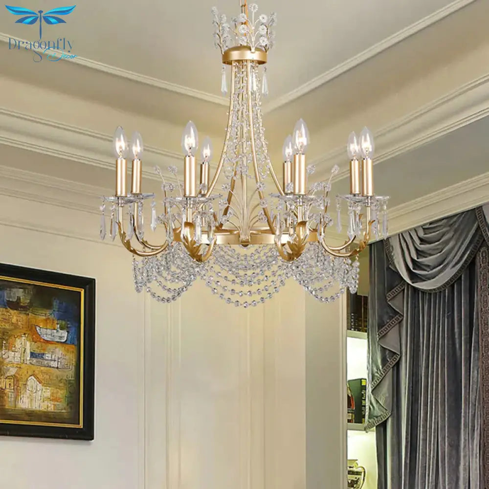 8 Lights Swooping Arm Chandelier Light Countryside Gold Crystal Ceiling Pendant For Bedroom