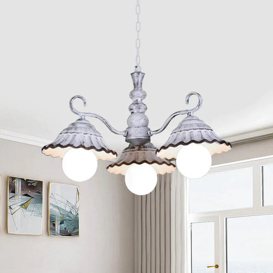 3/5 Bulbs Pendant Chandelier Countryside Scalloped Conic Ceramics Down Lighting In White 3 /