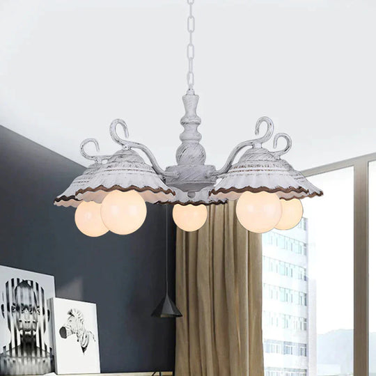 3/5 Bulbs Pendant Chandelier Countryside Scalloped Conic Ceramics Down Lighting In White