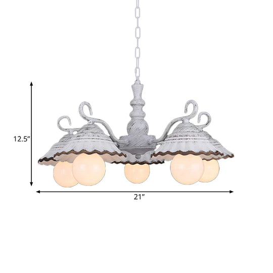 3/5 Bulbs Pendant Chandelier Countryside Scalloped Conic Ceramics Down Lighting In White