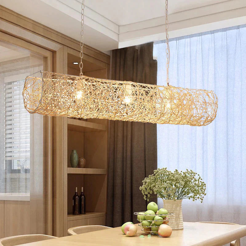 White Piping Horizontal Suspension Light Contemporary 3 - Light Bamboo Rattan Chandelier Pendant