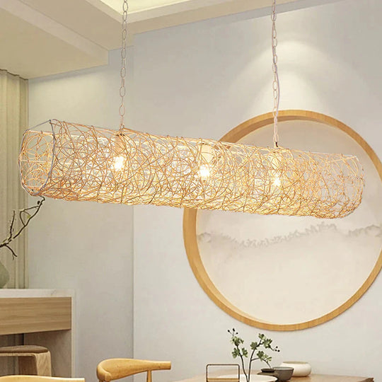 White Piping Horizontal Suspension Light Contemporary 3 - Light Bamboo Rattan Chandelier Pendant