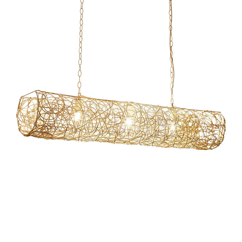 White Piping Horizontal Suspension Light Contemporary 3 - Light Bamboo Rattan Chandelier Pendant